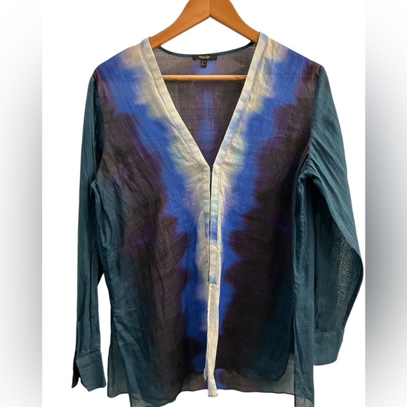 Massimo Dutti Tops - Massimo Dutti Size 6 Blue Watercolor Print V-Neck Tunic Artsy, Quiet Luxury